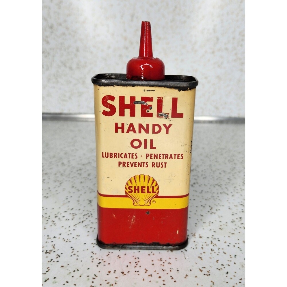 Vtg 1940s Shell Handy Oil 4oz Plastic Top Handy Oiler Oil Can Tin Shell Oil Co